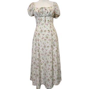 Womens XS Cottagecore Floral Midi Dress Milkmaid Coquette Puff Sleeve Shein